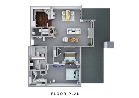Floor plan for 2 beds, 2 baths, 1075 sqft